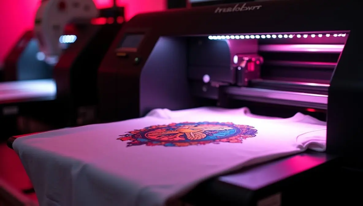 Professional neon print setup in apparel studio